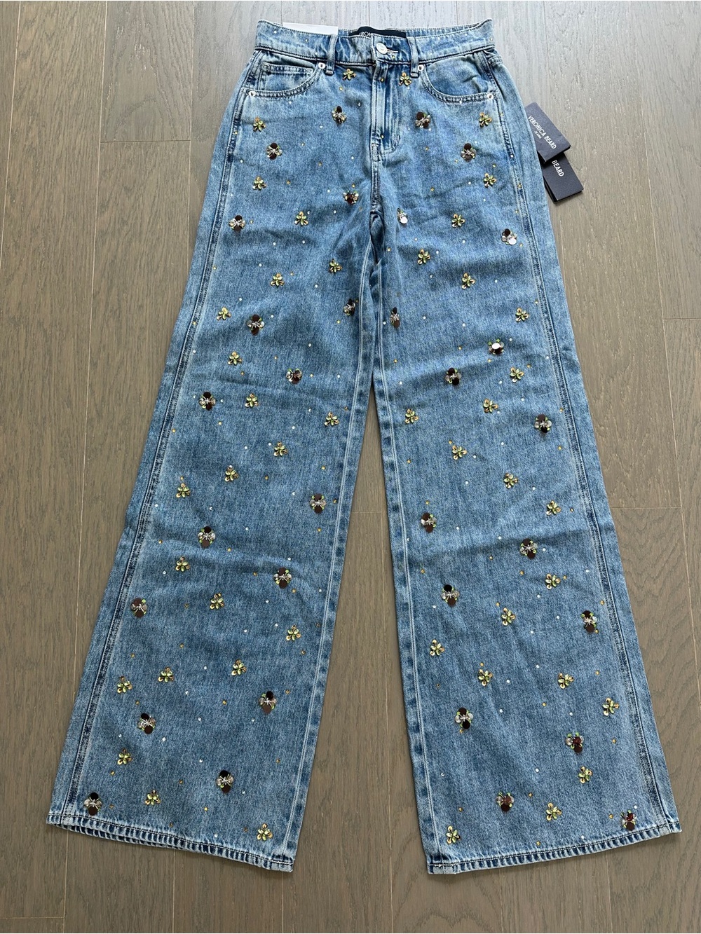 Veronica Beard KASEY silver dust embellished floral jeans Wide Leg w/ Tags - 24 - Picture 2 of 8